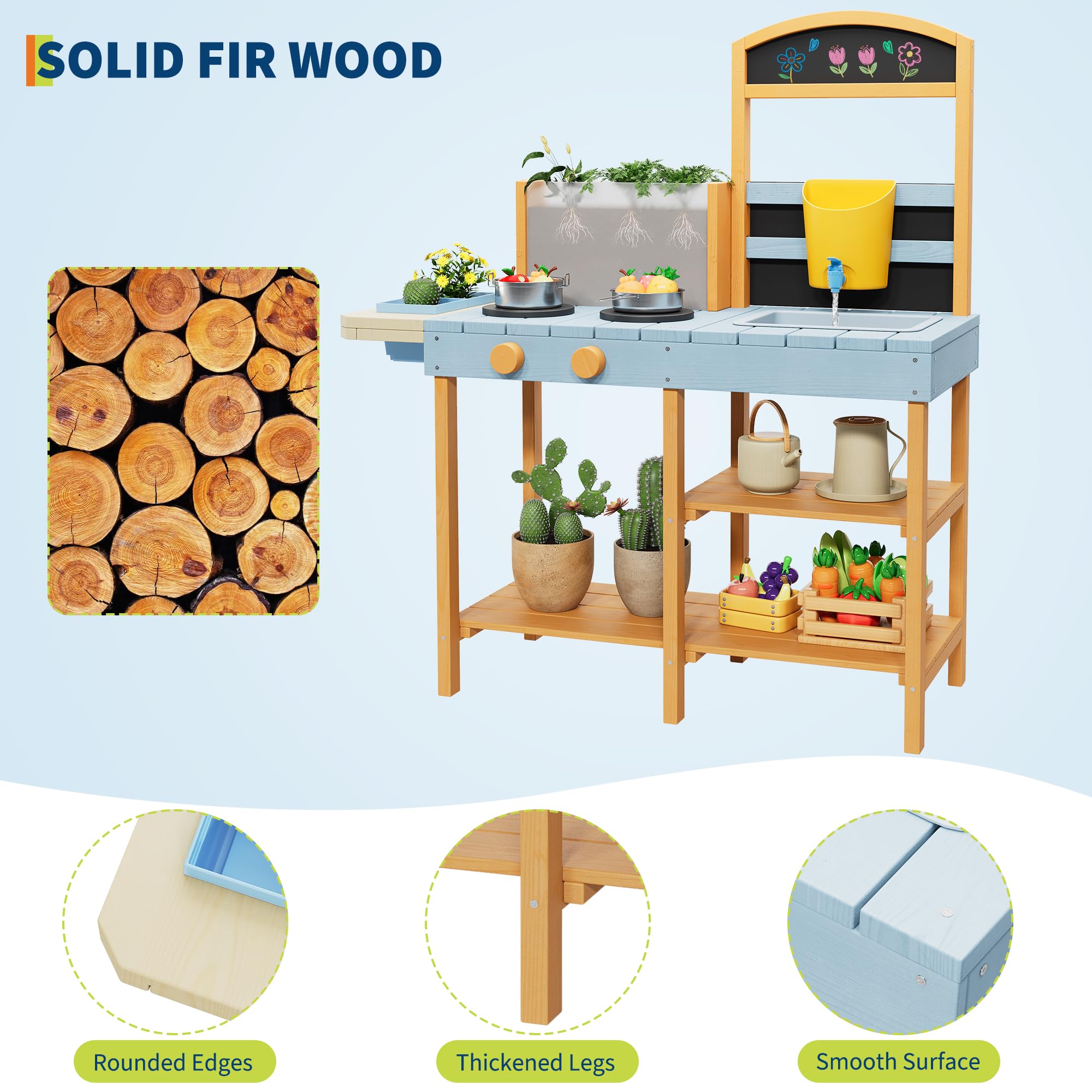 2-in-1 Outdoor Holz-Matschküche für Kinder ab 3 Jahren – Spielküche mit Kreidetafel, abnehmbarem Waschbecken, Wasserhahn, Pflanzkasten, Aufbewahrungsregalen und Herd – Sensorik-Spielset für