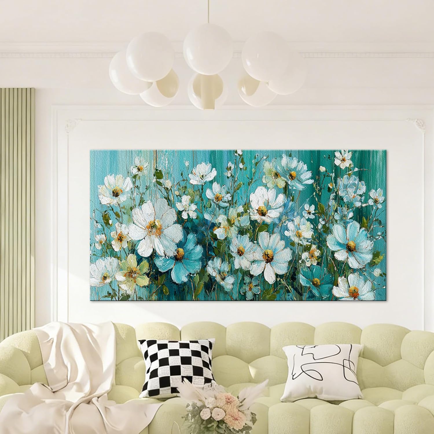 BQVCT White Daisy Floral Wall Art 20x40 Inch Large Gallery Wrapped Canvas Print Turquoise Blue Botanical Painting on Textured Background Ready to Hang for Living Room Bedroom Office Decor