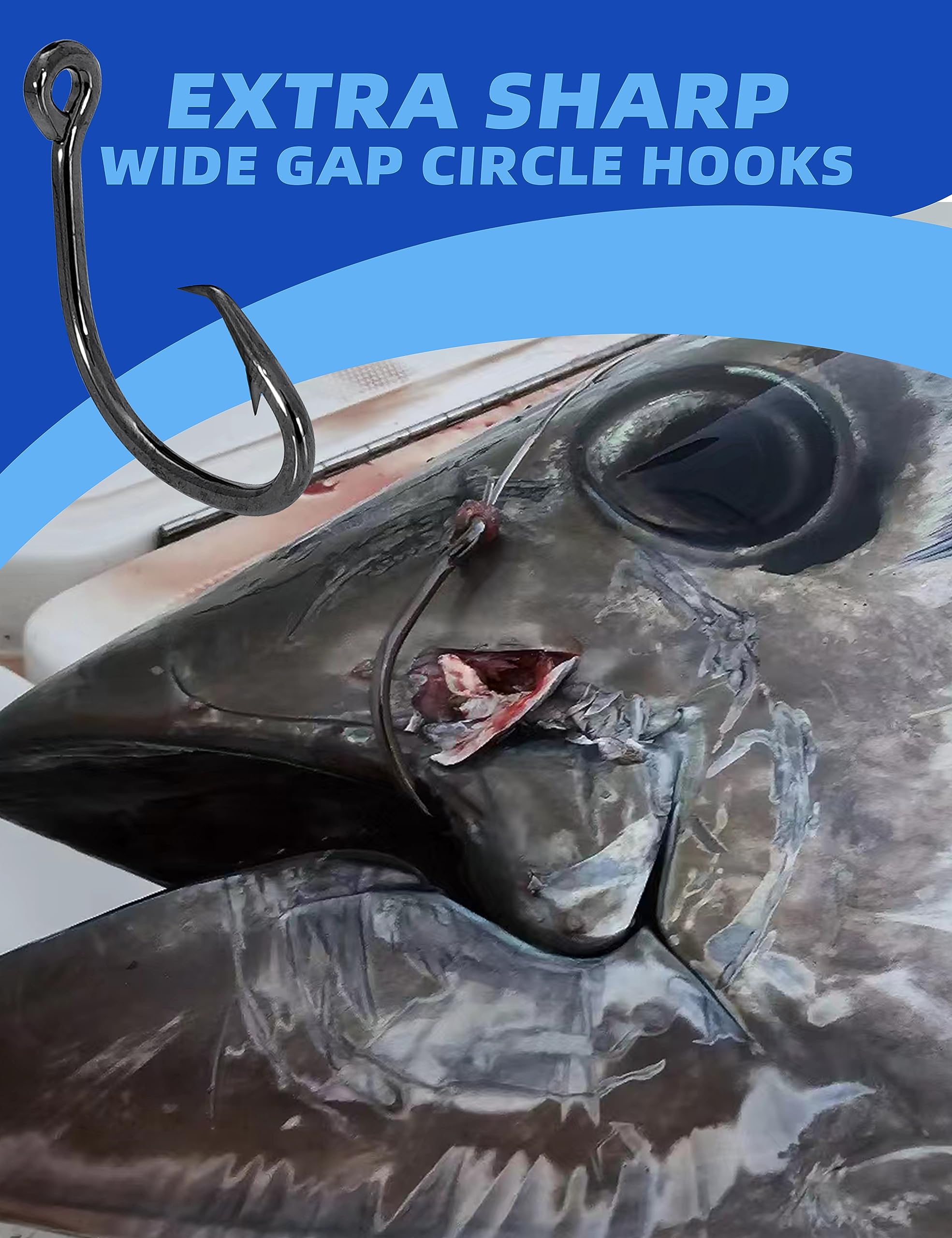 BLUEWING Gancho circular compensado de espacio ancho, 25 ganchos de pesca de acero de alto carbono, ganchos de pesca extra afilados para pesca de agua salada, tamaño 5/0, 25 piezas