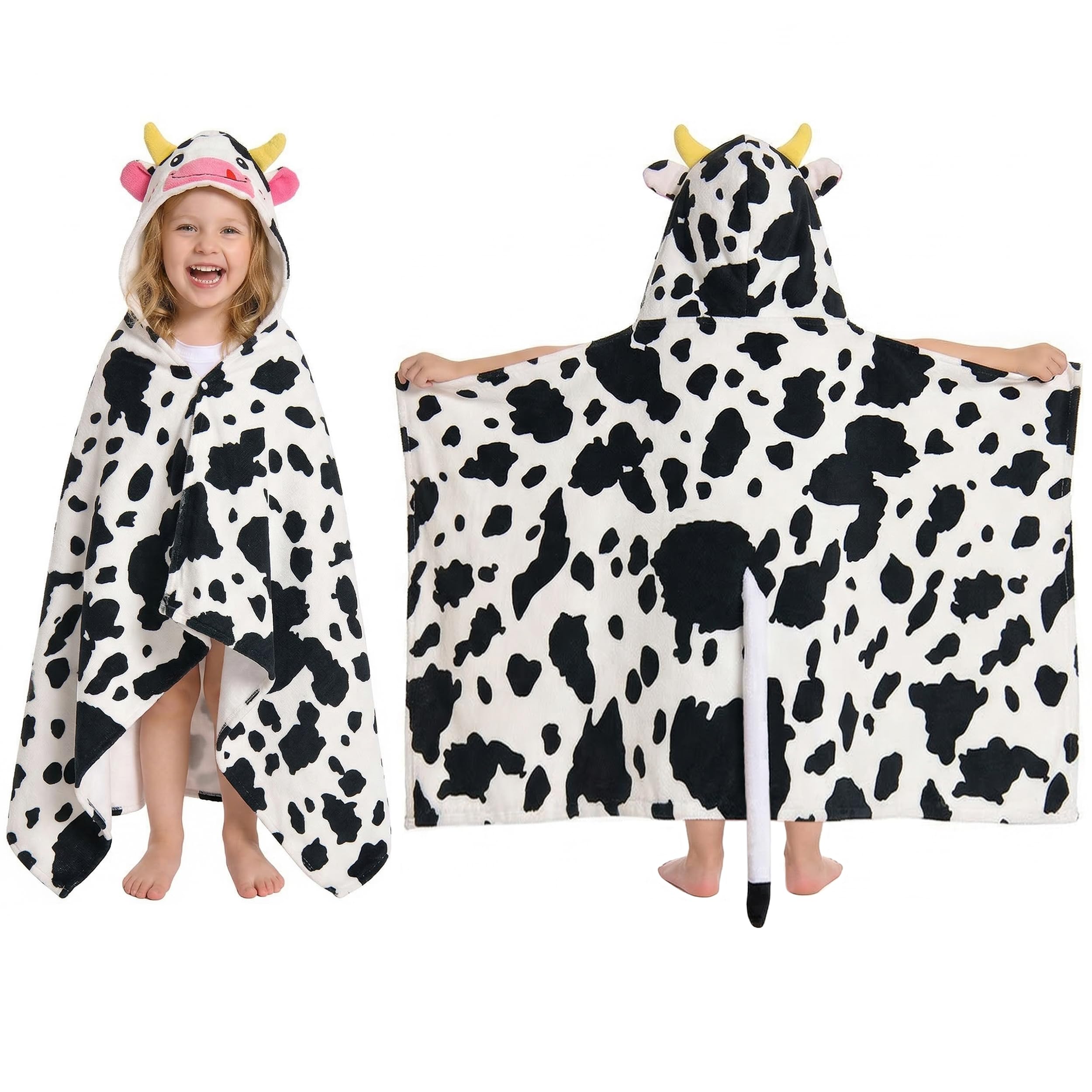 OLAOLA Cow Hooded Towel for Kids 3-12 Years, 28" x 53" Soft Thick Absorbent Beach Towels, Toddler Bath Towel Wrap Swim Pool Towels Poncho for Boys