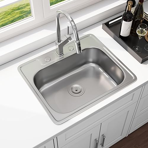 Blenzia 25x22 Drop In Kitchen Sink 25 Inch Topmount 18 Gauge 304 Stainless Steel Curved Single Bowl Three Holes Sinks with Strainer 25" x 22" x 8"