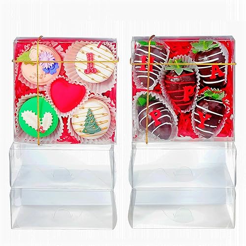 Miniatura 8 de SLShePack Paquete de 50 cajas de panadería de 5 x 5 x 2 pulgadas, cajas de fresas cubiertas de chocolate para 4 mini cajas de pasteles, cajas de