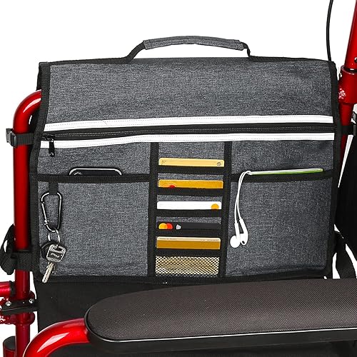 Vista 21 de Bolsa de almacenamiento para silla de ruedas, bolsa de reposabrazos de doble cara con portavasos y tira reflectante, para sillas de ruedas y Azul