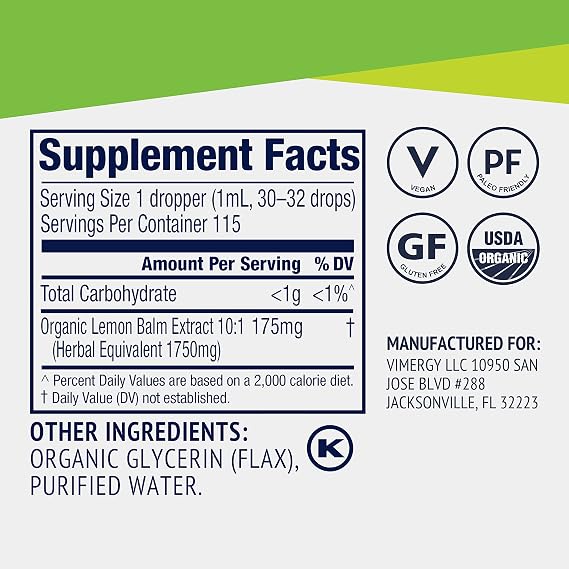 Vimergy Lemon Balm Organic Tincture, for Mental Calm, Vegan, 115 Servings