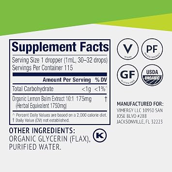 Vimergy Lemon Balm Organic Tincture, for Mental Calm, Vegan, 115 Servings