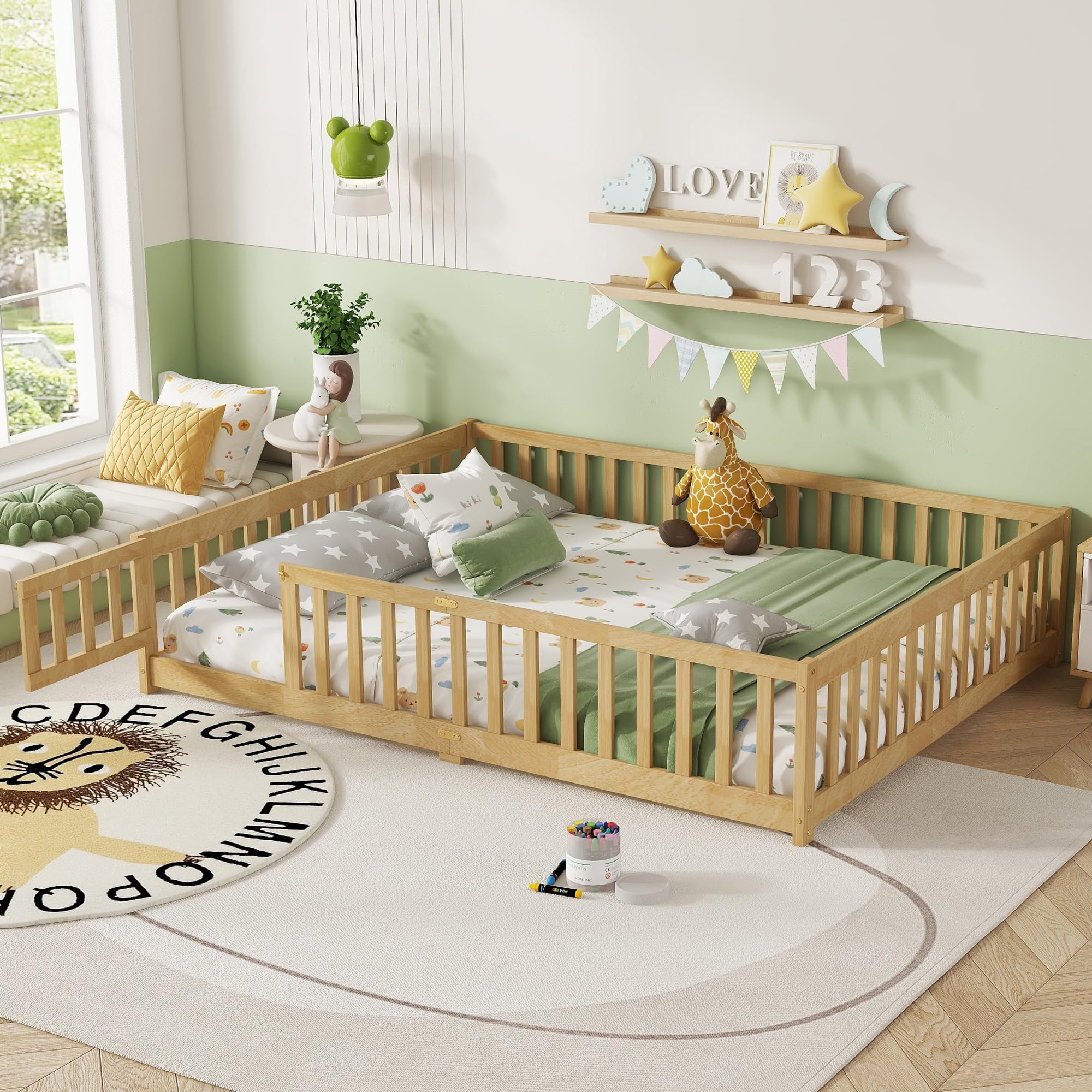 Queen Floor Bed with Safety Guardrails for Kids, Rubber Wood Montessori Bed with Slats and Convertible Door,Queen Size Bed Frame for Girls and Boys,No Box Spring Needed,Natural