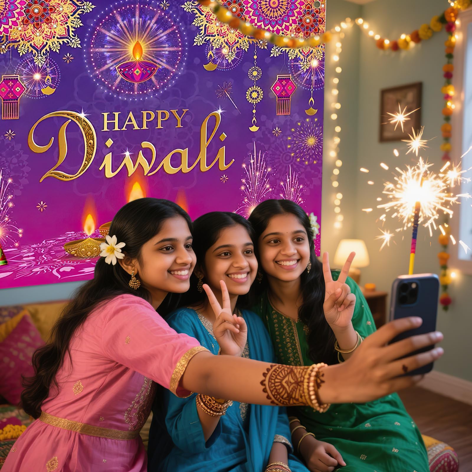 Diwali Decor Banner, Happy Diwali Backdrop Banner Decorations, Indian Deepavali Lights Diyas Decor Supplies - Image 4