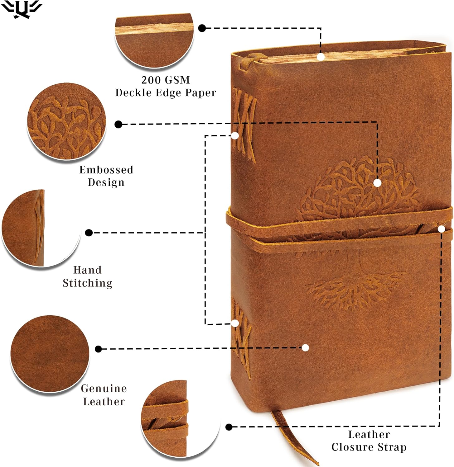 Tree Of Life Leather Journal for Women and Men, Handcrafted Leather Journal for Writing Womens, Sketchbook, Travel Diary with Unlined Deckle Paper, Tan 8x13