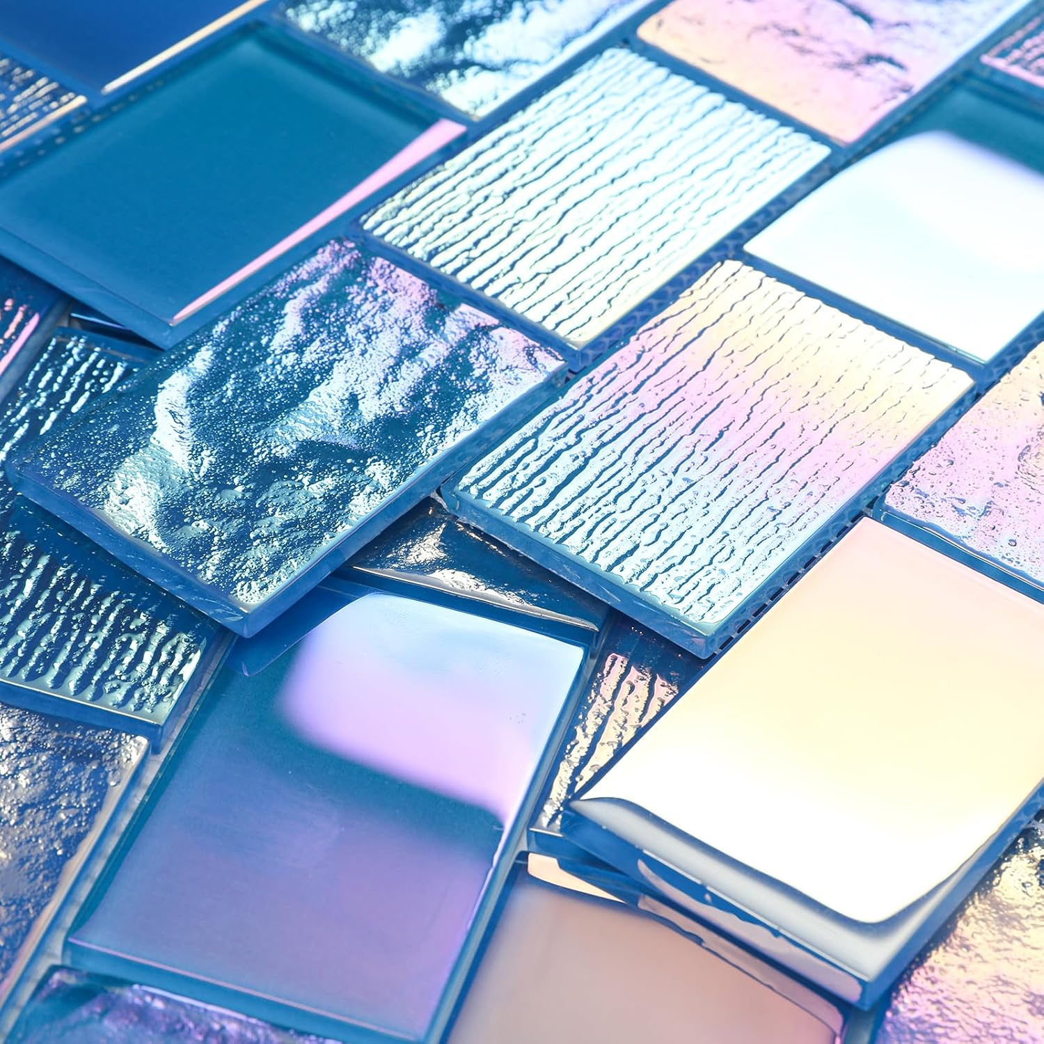 Diflart Glass Mosaic Tiles, Iridescent Blue, 2x3 Inch Brick, Glass Linear Tile for Swimming Pool, Kitchen Backsplash, Shower Bathroom Waterline Fountain Wall, Pack of 5 Sheets