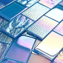 Diflart Glass Mosaic Tiles, Iridescent Blue, 2x3 Inch Brick, Glass Linear Tile for Swimming Pool, Kitchen Backsplash, Shower Bathroom Waterline Fountain Wall, Pack of 5 Sheets