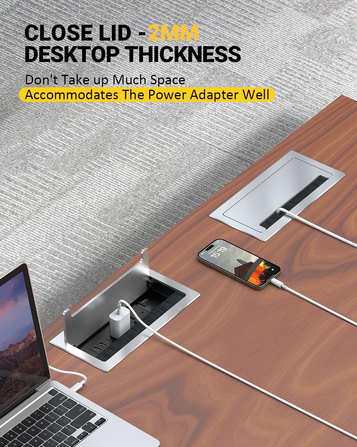 Kungfuking 3Pack Conference Table Power Hub, Outlet Multimedia Connectivity Box with 1 HDMI + 1 RJ45 + 20W USB C + 2 USB A + 2 AC Outlets, Heavy Duty Metal for Countertop Office UL Listed