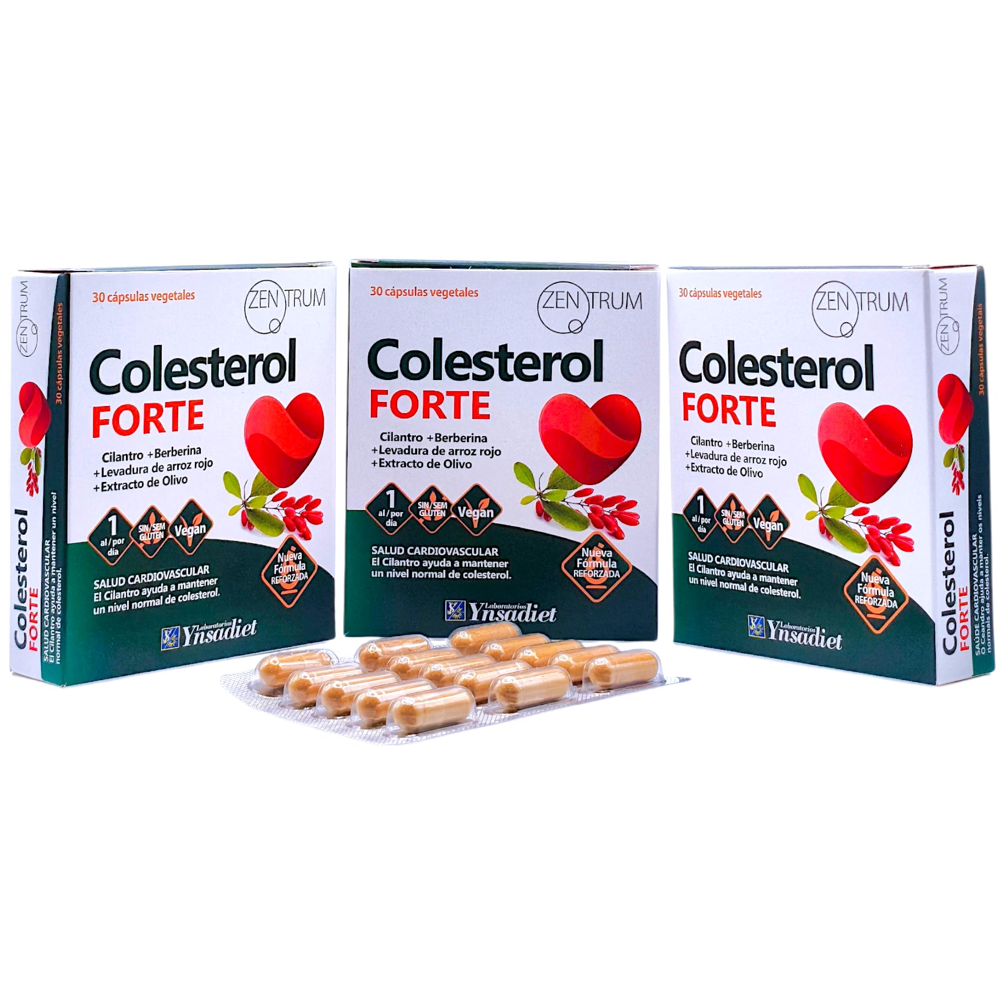 Ynsadiet Zentrum Colesterol Forte - Pack Ahorro 3 x 30 Cápsulas Vegetales - Con Levadura Roja de Arroz, Berberina, Alcachofa y Q10 - Suplemento Natural para Reducir el Colesterol y los Triglicéridos