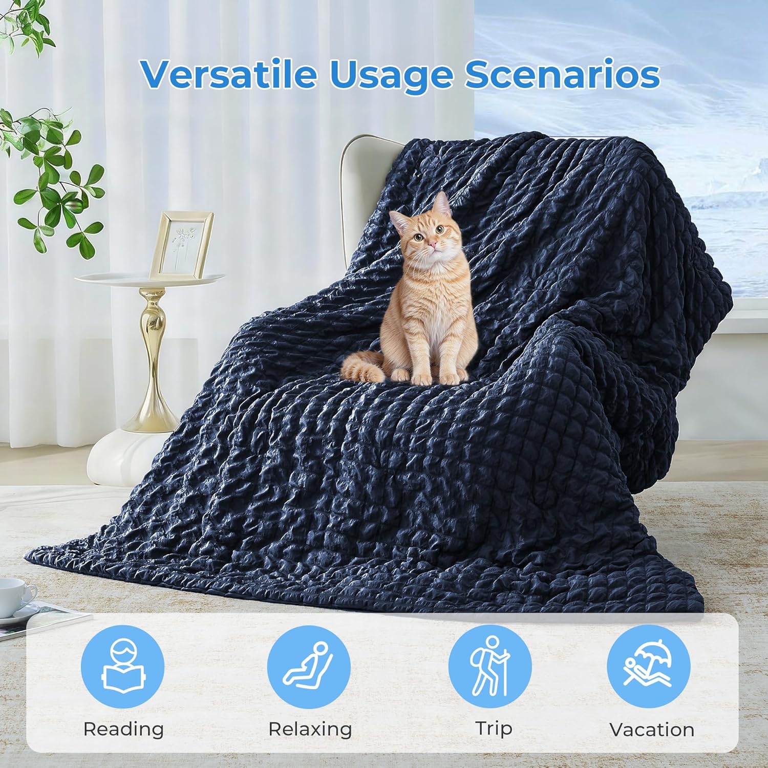 Seersucker Cooling Comforter King Size, Q-Max 0.45 Reversible Cooling Blanket for Hot Sleepers, Breathable Lightweight Silk Smooth Summer Bedding, Quilted Ice Blanket, Navy Blue