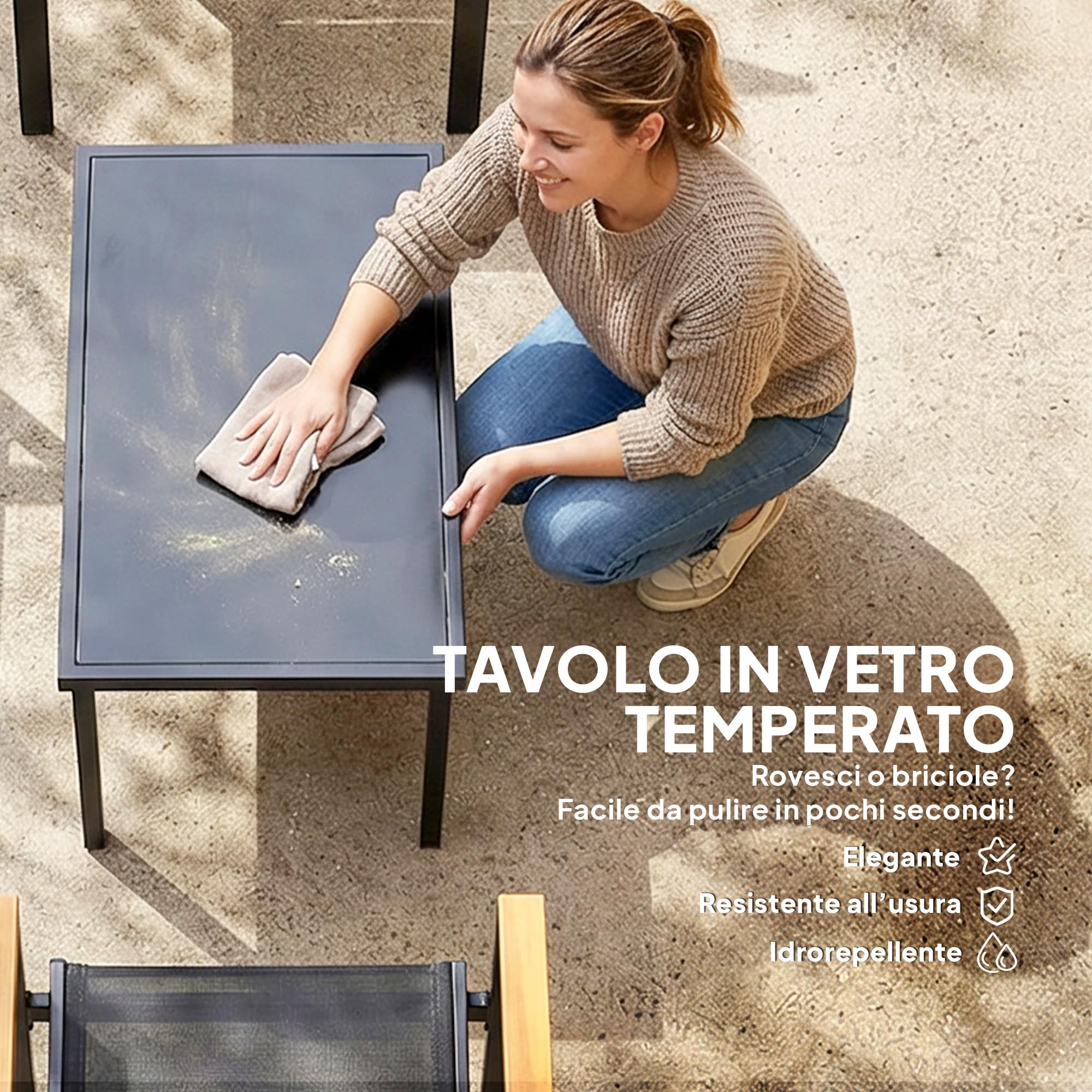Outsunny Set Salotto da Giardino 4 Pezzi in Texteline, Set di Mobili da Giardino con Divano a 2 Posti, 2 Poltrone, Tavolino in Vetro Temperato, Braccioli Larghi, Salottino da Esterno, Nero