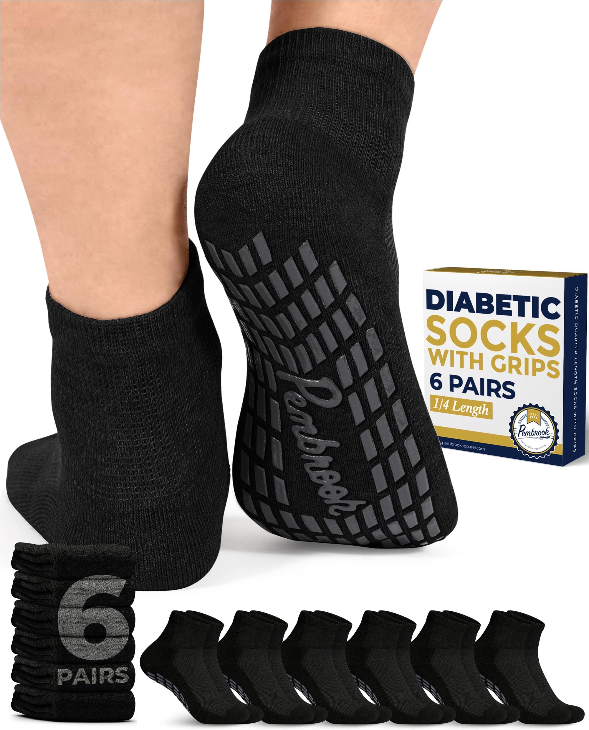 Pembrook 6 Pairs Diabetic Ankle Socks for Men & Women with Grips - 12 Colors Neuropathy Socks for Men | Non Slip | Edema
