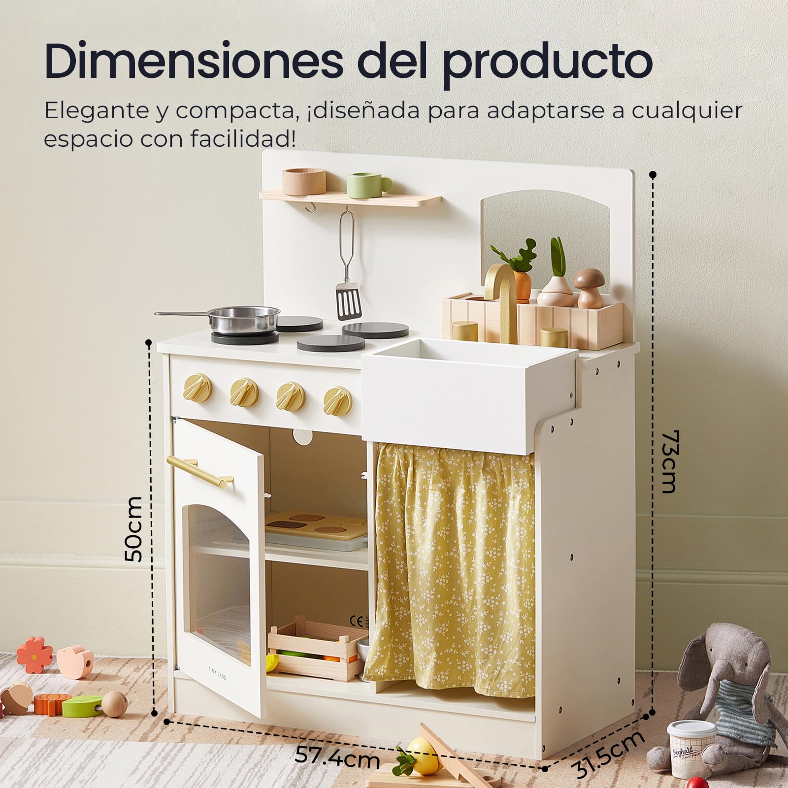 Tiny Land Cocina de juego, set de juego para niños, cocina para niños con set de corte, cocina de madera ETS para niños, niñas y niños