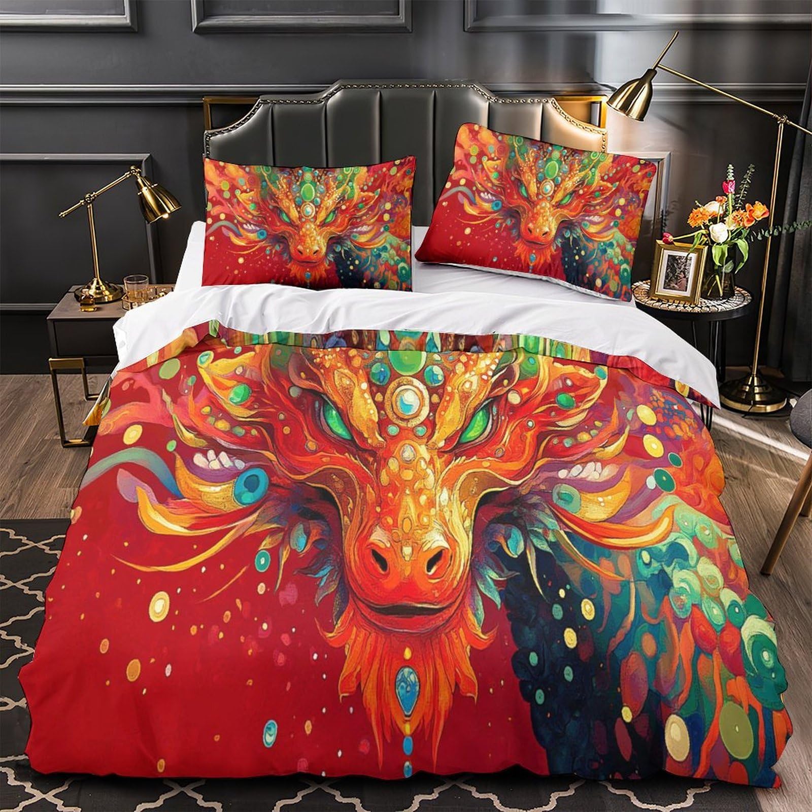 Housse de couette dragon 3D microfibre résistante King 220x240cm à fermeture éclair