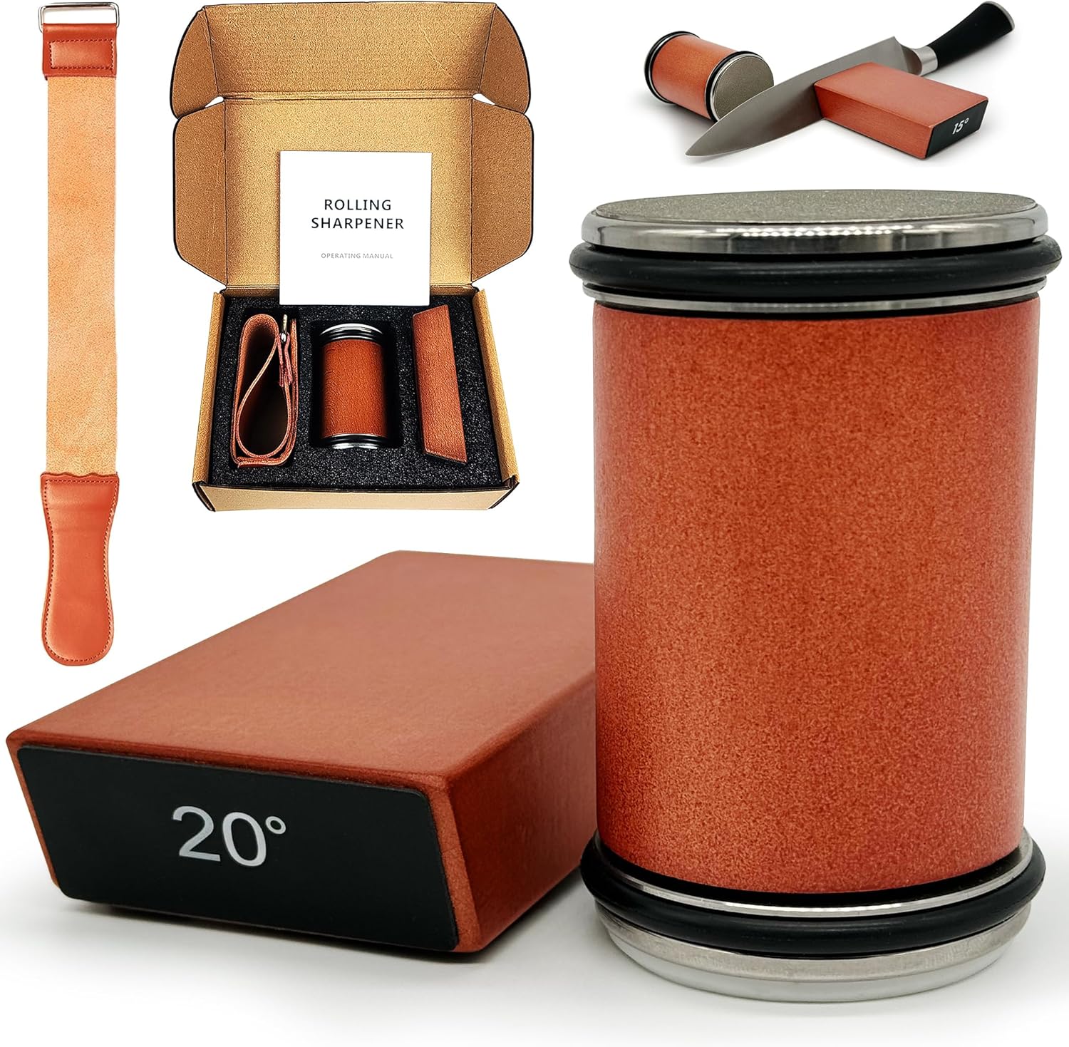 Rolling Knife Sharpener with Leather Strop - Knife Sharpening with Industry Diamonds and Ceramic Discs - Knife Sharpener Kit - Knife Sharpener Kit with 15 & 20 Degree Sharpening