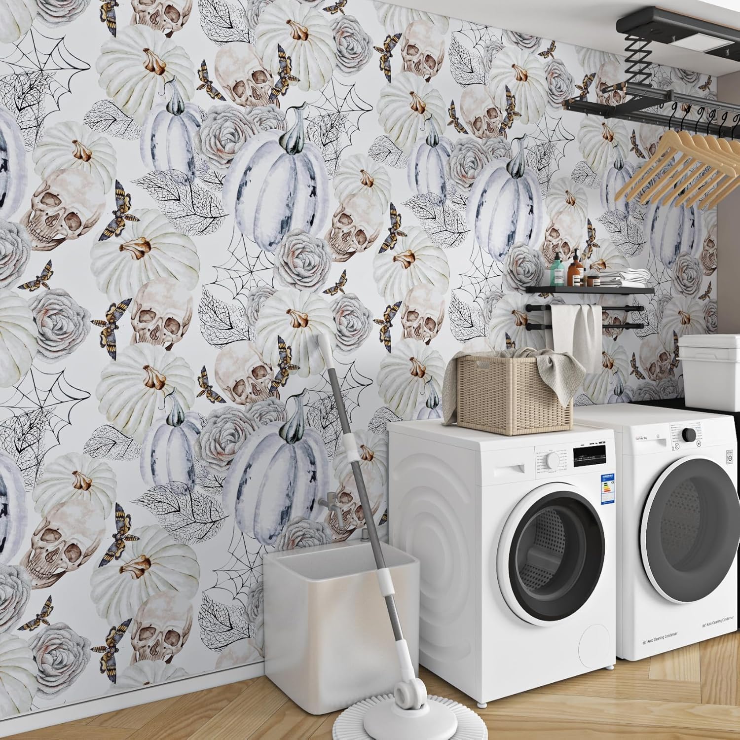 ReWallpaper Grey and White Wallpaper Skull Pumpkin Floral Wallpaper Gothic Peel and Stick Wall Paper for Bedroom Bathroom Accent Walls Contact Paper 17.5inx10ft Horror Prepasted Halloween Decorations
