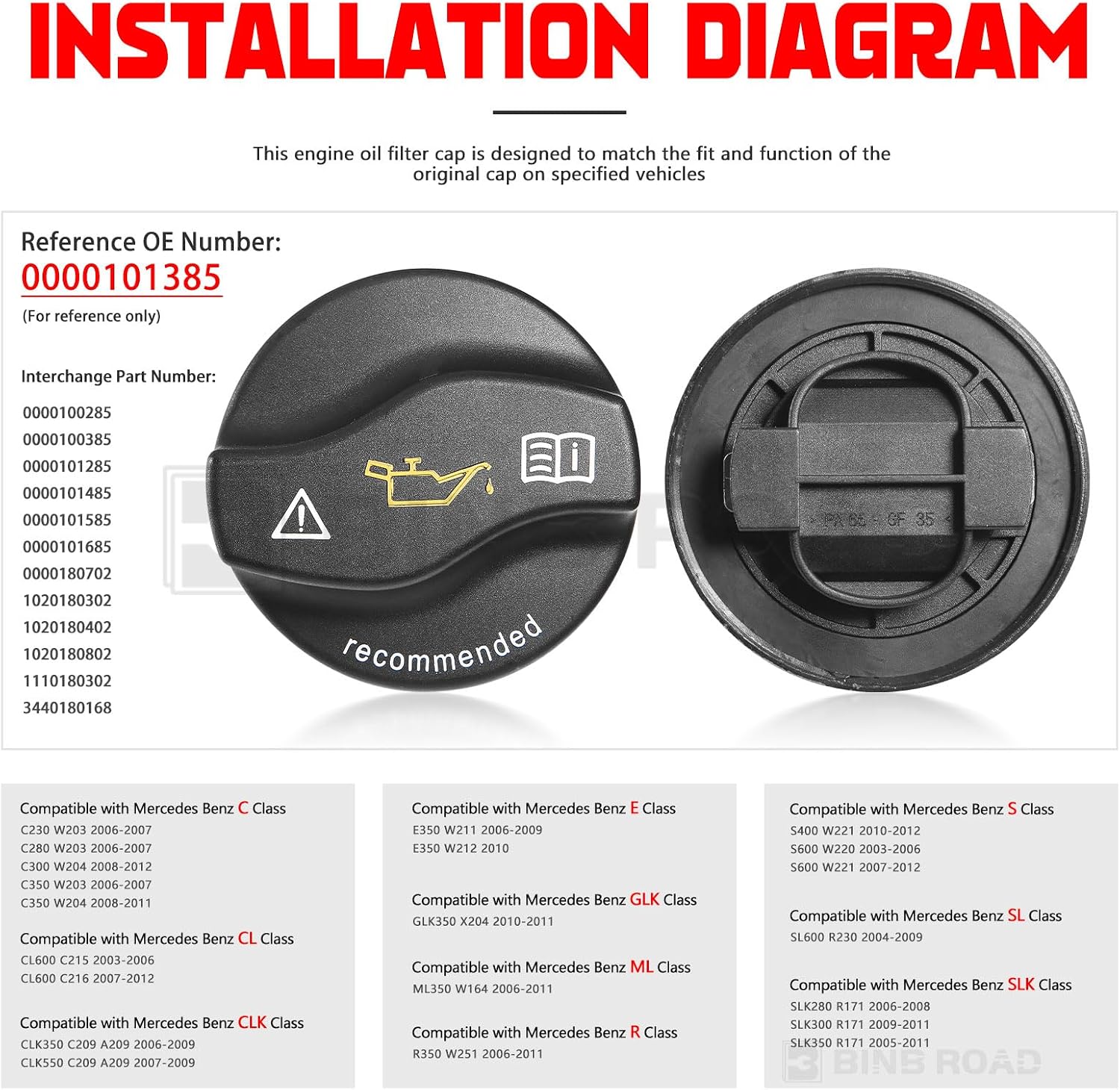 Engine Oil Filler Cap Compatible with Mercedes Benz C230 C280 C300 C350 E350 ML350 R350 GLK350 SLK280 SLK300 SLK350 (Replaces 0000101385)