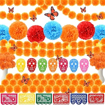 77Pcs Day of The Dead Decorations Set Ofrenda Decoration 18 Mexican Banner Papel Picado 2 Marigold Garland 30 Marigold Flowers 9 Paper Pom Poms 12 Butterfly 6 Candle for Dia De Los Muertos Altar Decor