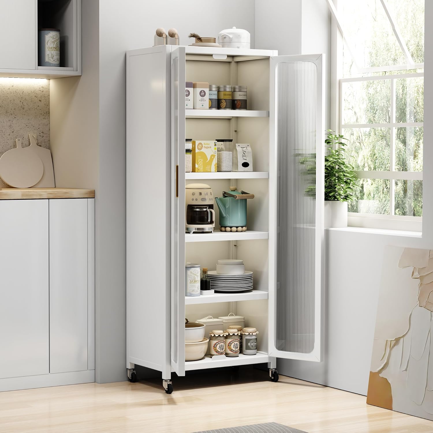67.3" Kitchen Pantry Storage Cabinet,Display Storage Cabinet with Acrylic Glass Doors, Adjustable Shelves & Wheels,Metal Tall Food Pantries Cabinets,for Kitchen, Living Room and Dining Room, White