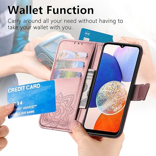 Miniatura 3 de Funda tipo cartera para Galaxy A14 5G (estampado de mariposas y flores) de cuero, con ranuras para tarjetas y función atril para Samsung Galaxy A14