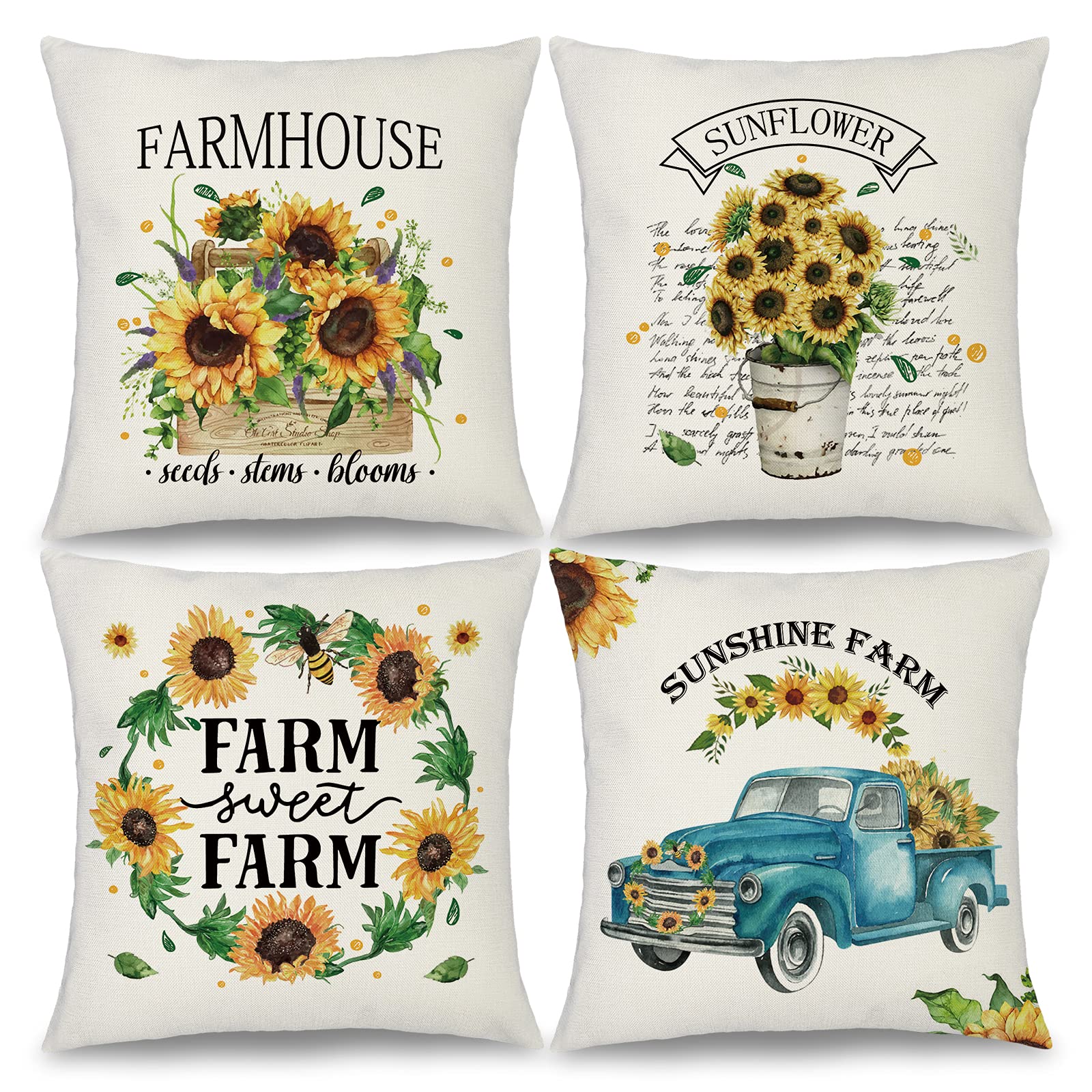Binfemcy Sunflower Throw Pillow Covers 18x18, Set of 4 Farmhouse Rustic Decorative Couch Pillowcase with Floral Wreath Truck, Soft Linen Pillows Square Cushion Cover for Sofa Porch Indoor Outdoor