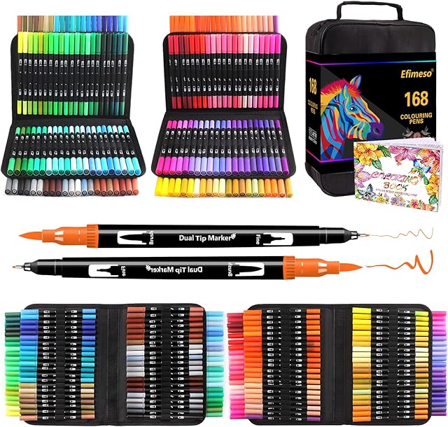 Efimeso 168 Colouring Pens Felt Tip Pens for Adults Colouring,Dual Tip Brush Markers Fine Tip Pens for Artists Drawing Sketching Calligraphy
