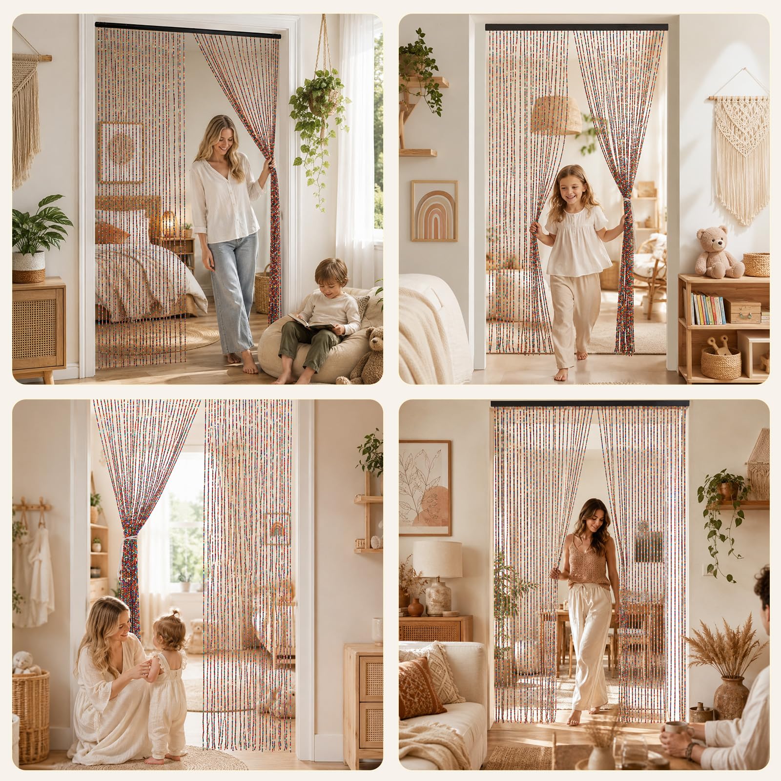 Perlenvorhang, 90x200cm Türvorhang Perlen 52 Stränge Bohemian-Stil Bambusvorhang mit 2 Riemen Perlenvorhang Insektenschutz Zuschneidbarer Holzperlenvorhang Bunt für Fenster Türen Dekoration