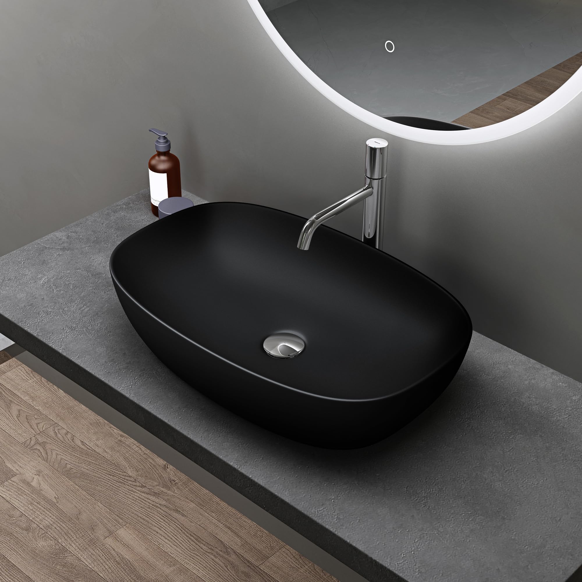 doporro Lavabo da Appoggio 60x39,5x14cm, Lavandino Bagno Brüssel104 in Ceramica con Nano Rivestimenti inclusi, Nero opaco