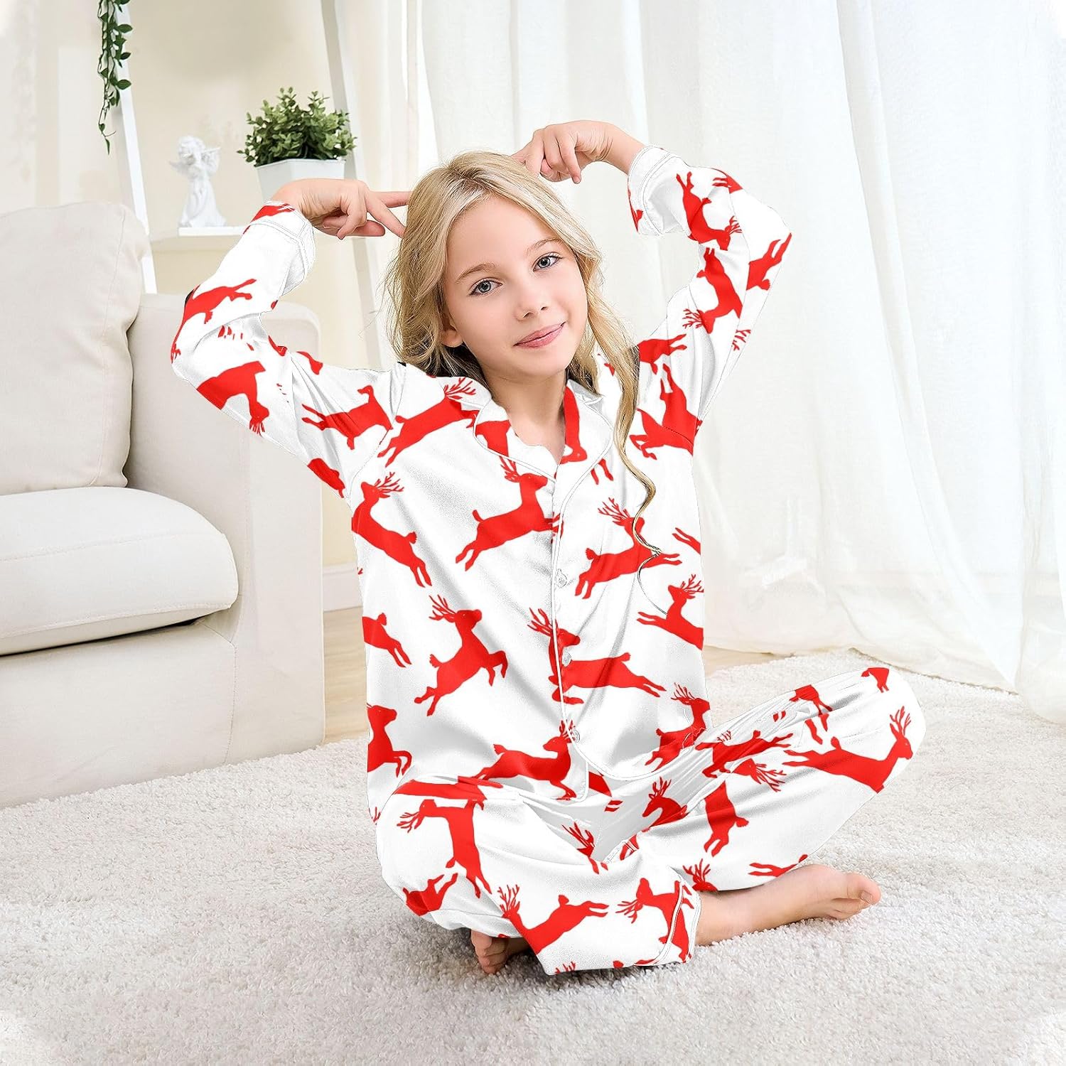Kids Casual Satin Wear Set Red Deer Silhouette Pattern Unisex Relaxed Fit Clothing