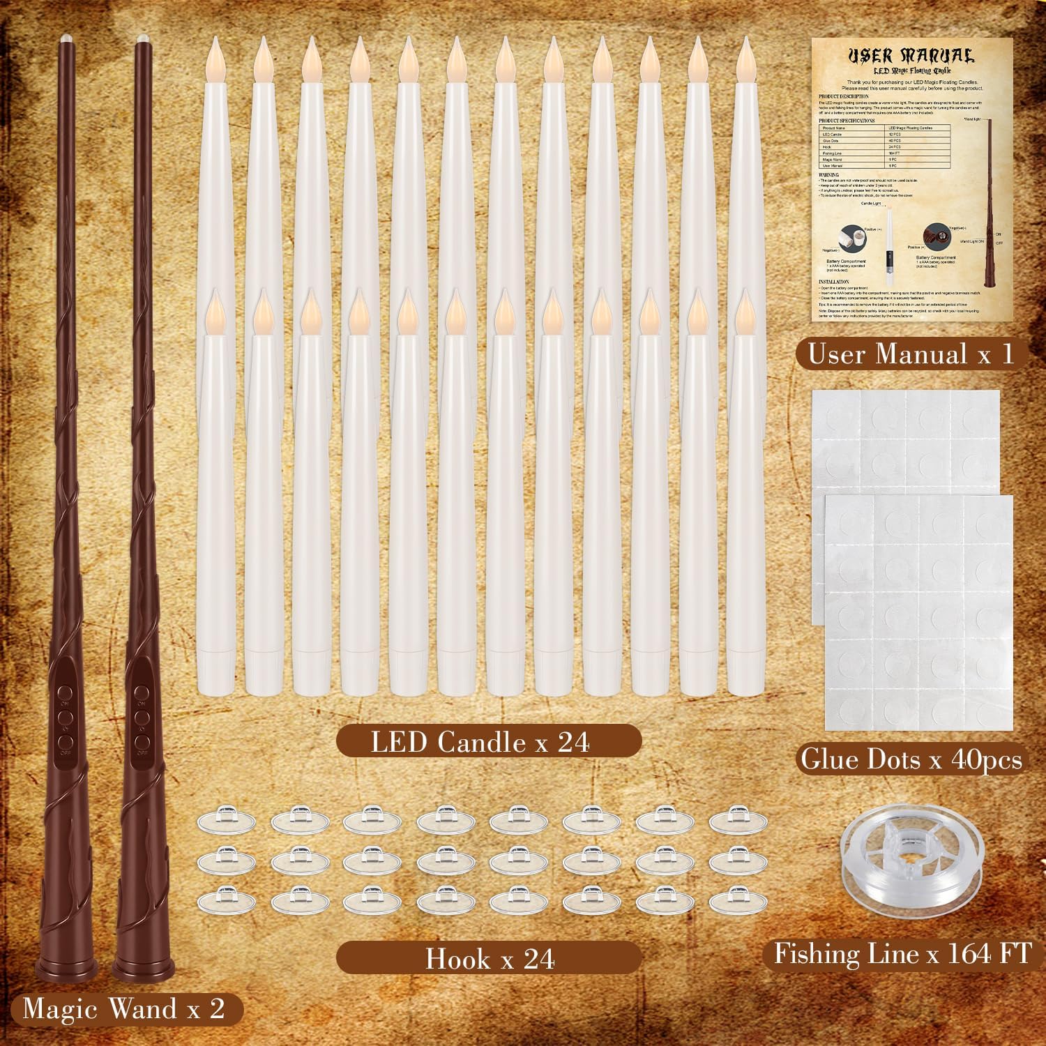 24 Pcs Halloween LED Magic Hanging Floating Candles, Taper Flickering Flameless with 2 Magic Wands - Candle Set for Halloween, Christmas, Weddings, Birthdays & Fantasy Ambiance...