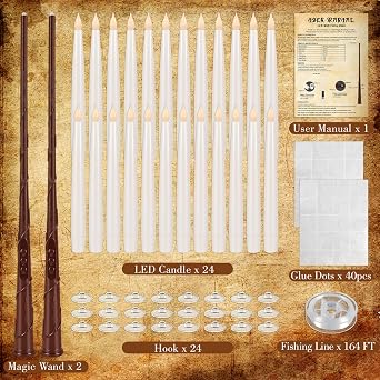 24 Pcs Halloween LED Magic Hanging Floating Candles, Taper Flickering Flameless with 2 Magic Wands - Candle Set for Halloween, Christmas, Weddings, Birthdays & Fantasy Ambiance...