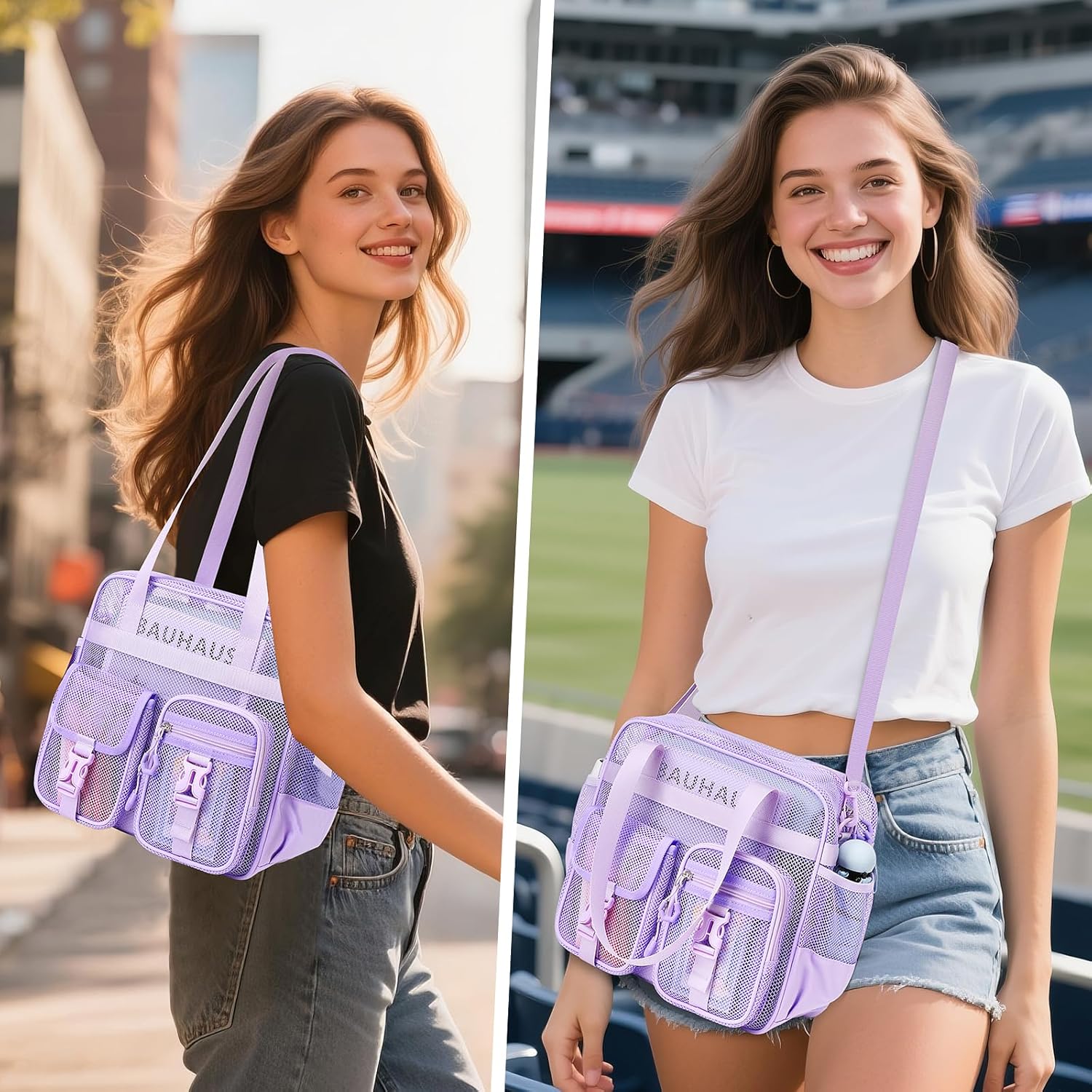 MOONBABY Mesh Beach Tote Bag for Stadium Events 12x6x12 Net Purse Bag for Women with Detachable Long Strap for Work, Sports