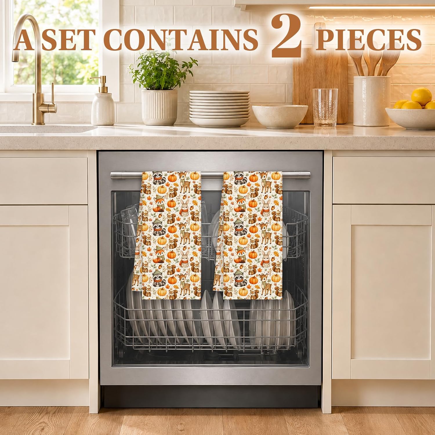Woodland Animal Kitchen Towels Set of 2, Fall Pumpkin Dish Towels