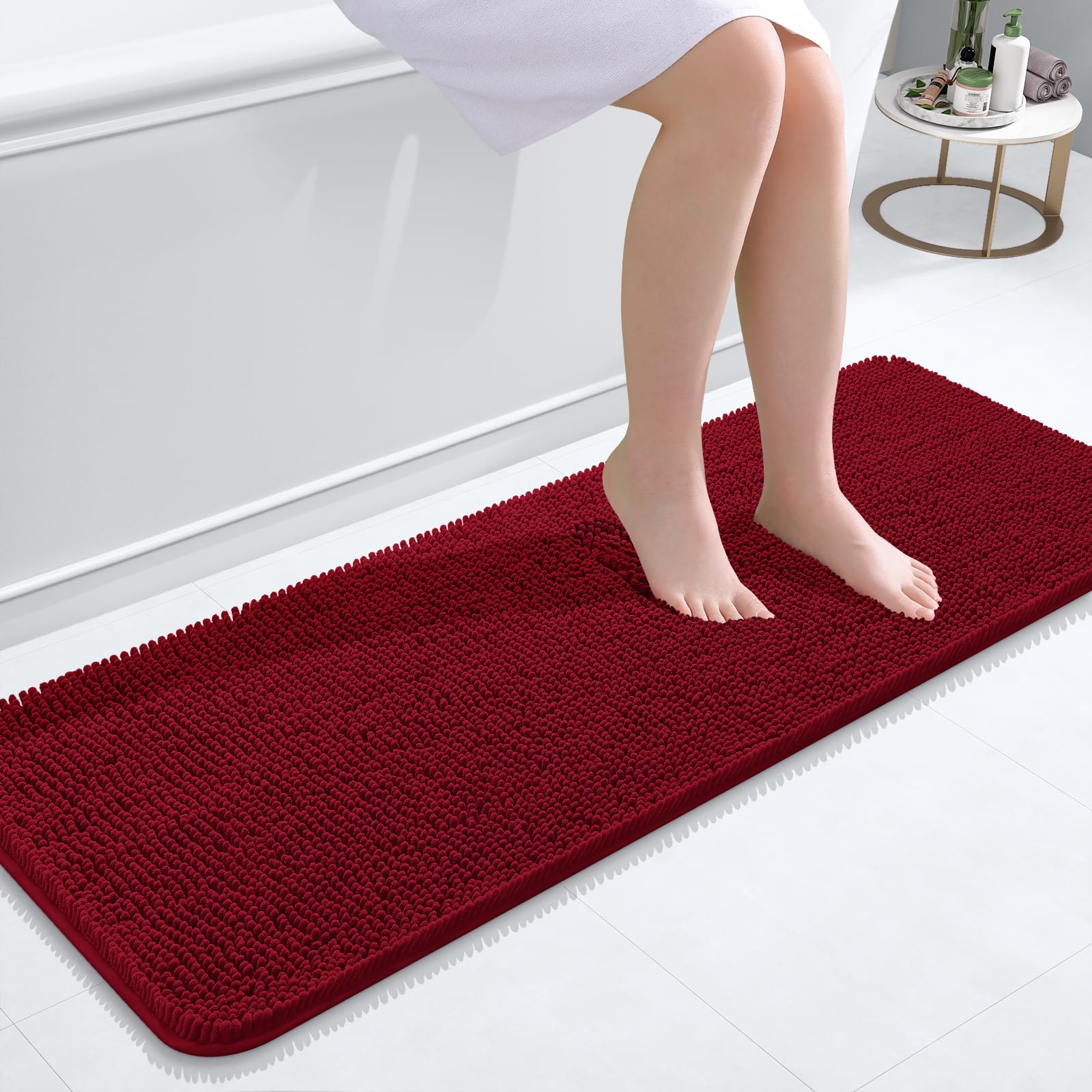 OLANLY Bathroom Runner Rugs 47x17, Extra Soft Absorbent Chenille Bath Rugs | Red, Quick-Drying Rubber Backing, Machine Washable Long Bath Mat for Bathroom Floor, Tub and Shower, Home Decor Accessories