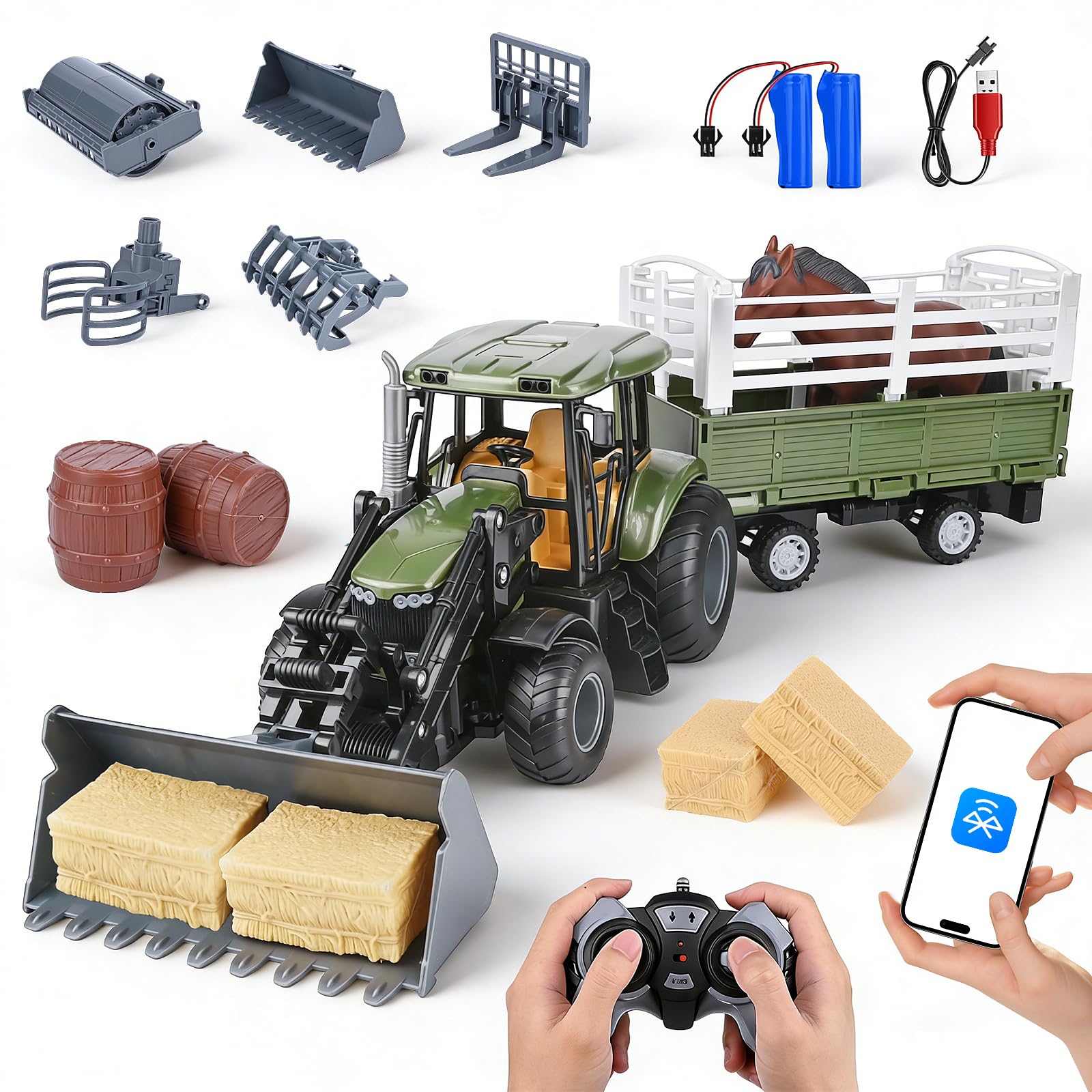 Trattore Telecomandato per Bambini, RC Trattore Telecomandato con Rimorchio, 2.4GHz Telecomando & App, 5x Fronte del Veicolo, Cavallo, Botte di Vino, Pagliaio, Giocattolo per Bambini da 3 Anni