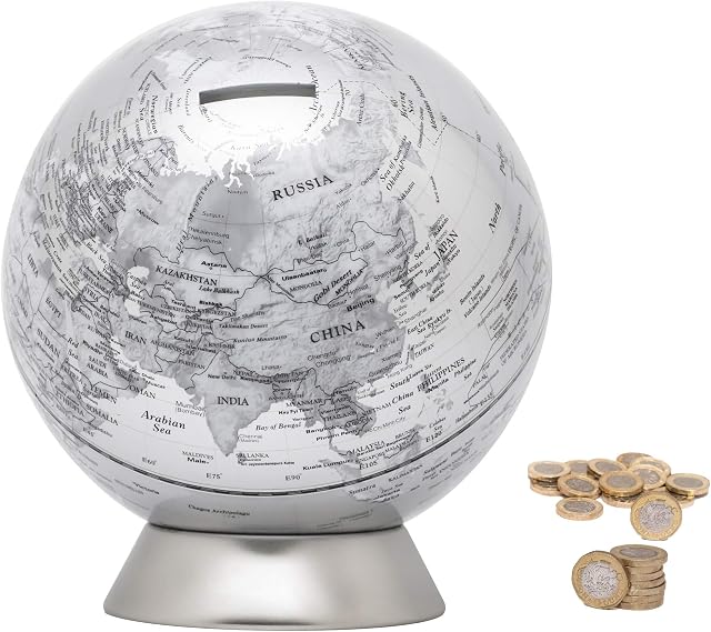 Exerz Skarbonka średnica kuli ziemskiej 16 cm/skarbonka, współczesna metalowa mapa, fizyczna polecana, edukacyjna, dekoracyjna. do szkoły, domu, biura, dekoracja na prezent, srebrna