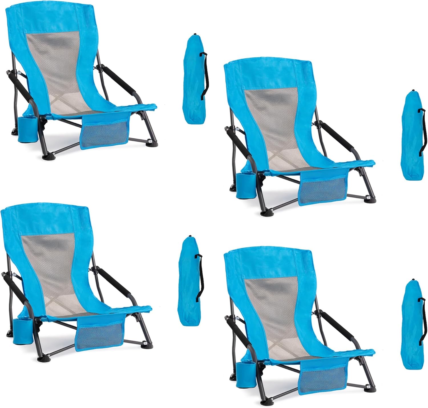 Portable Folding Beach Chair for Adults Set of 4- Lightweight Low Back Sling Chair with Cup Holder & Storage Pocket, 300lbs Capacity Camping Chair for Outdoor, Lawn, Concert, Travel (Blue)