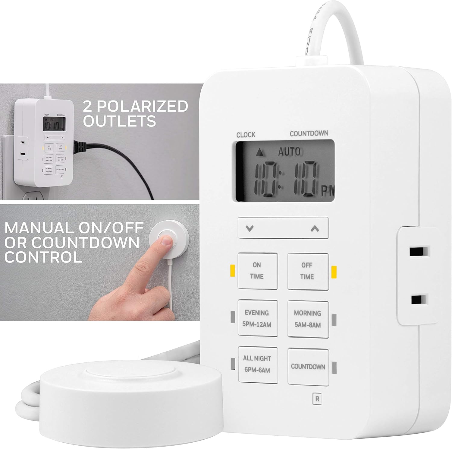 UltraPro Indoor Plug-in Digital Timer, ON/Off Button, Custom Settings, Presets/Countdown, 2 Polarized Outlets, Ideal for Lamps, Hard-to-Reach Lighting, Seasonal, LED, 45183 - - 