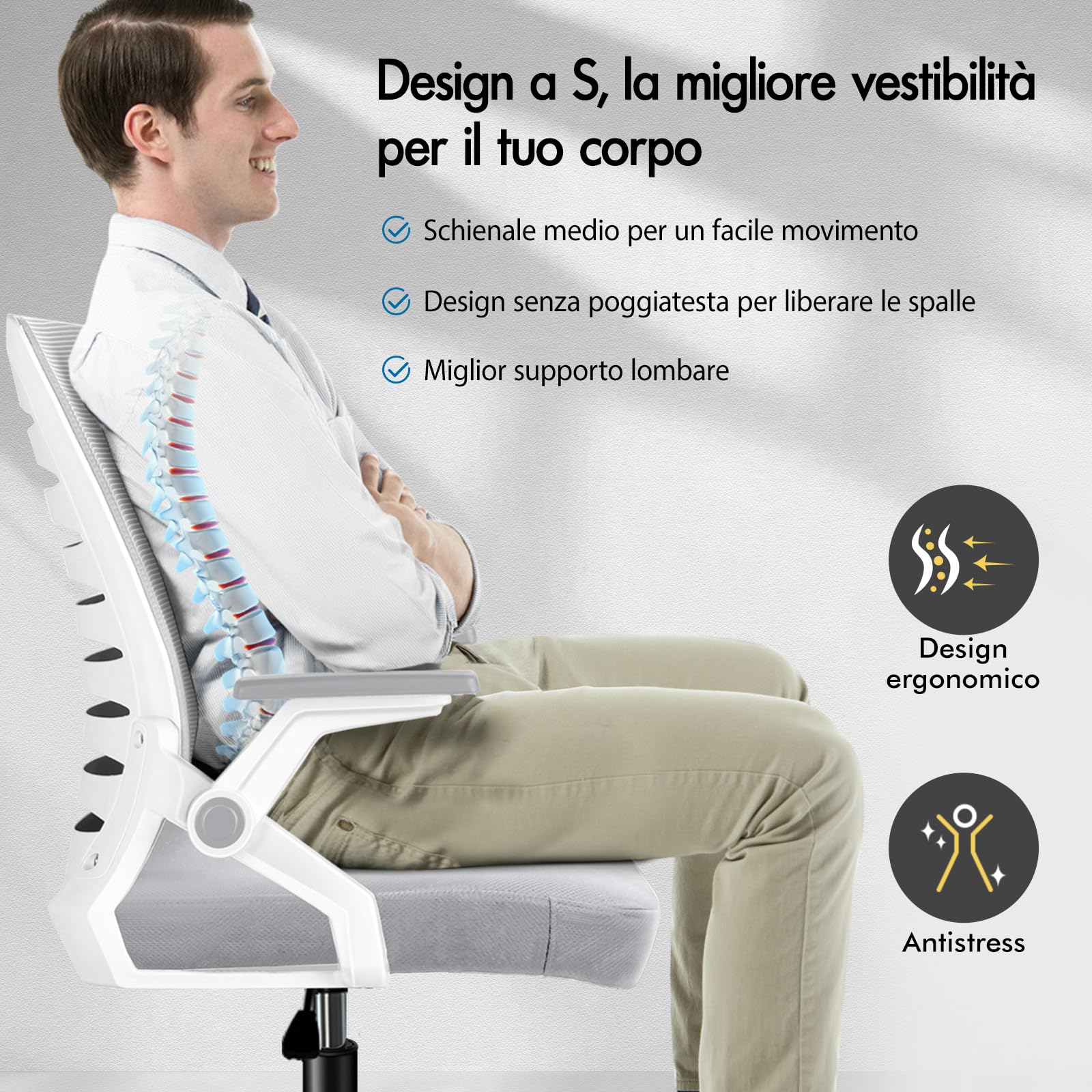 ALFORDSON Sedia Ufficio Ergonomica con Braccioli Pieghevoli Bianca e grigia | Poltrona Scrivania Girevoli in Rete Serie WALE, Funzione di Inclinazione, Portata 150 kg, Altezza regolabile