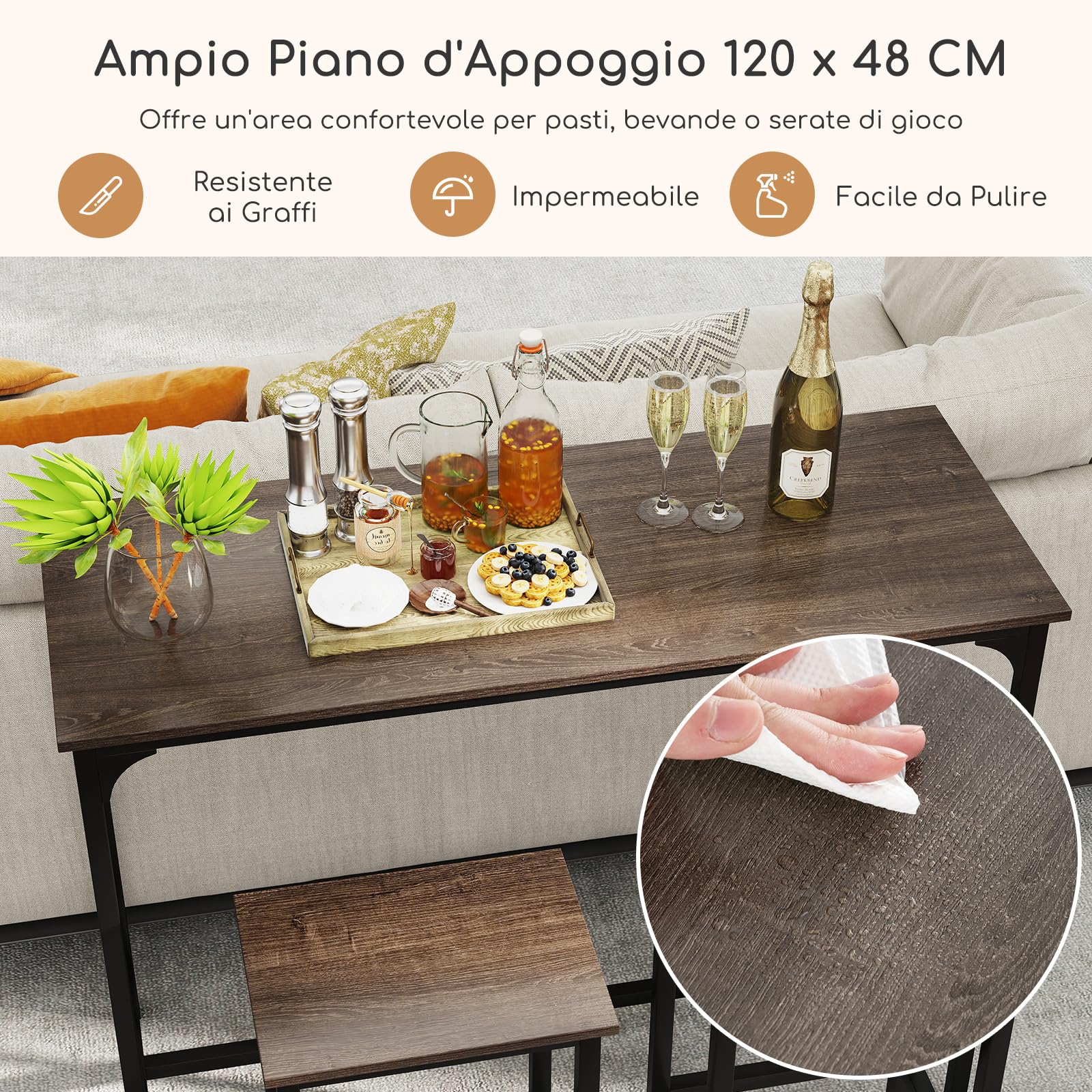 COSTWAY Tavolo con 2 Sgabelli in Metallo e Legno, Set da Pranzo 3 Pezzi, Tavolo Rettangolare da Cucina con 2 Sedie per Sala da Pranzo, Appartamento e Bistro, Stile Retrò (Grigio)