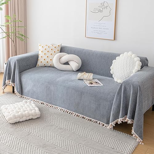 Miniatura 17 de Funda de Sofá Boho Lavable de Chenilla con Borlas para Sofá de 3 Cojines, Fundas para Sofás Seccionales Manta Protectora de Muebles para Perros Gris