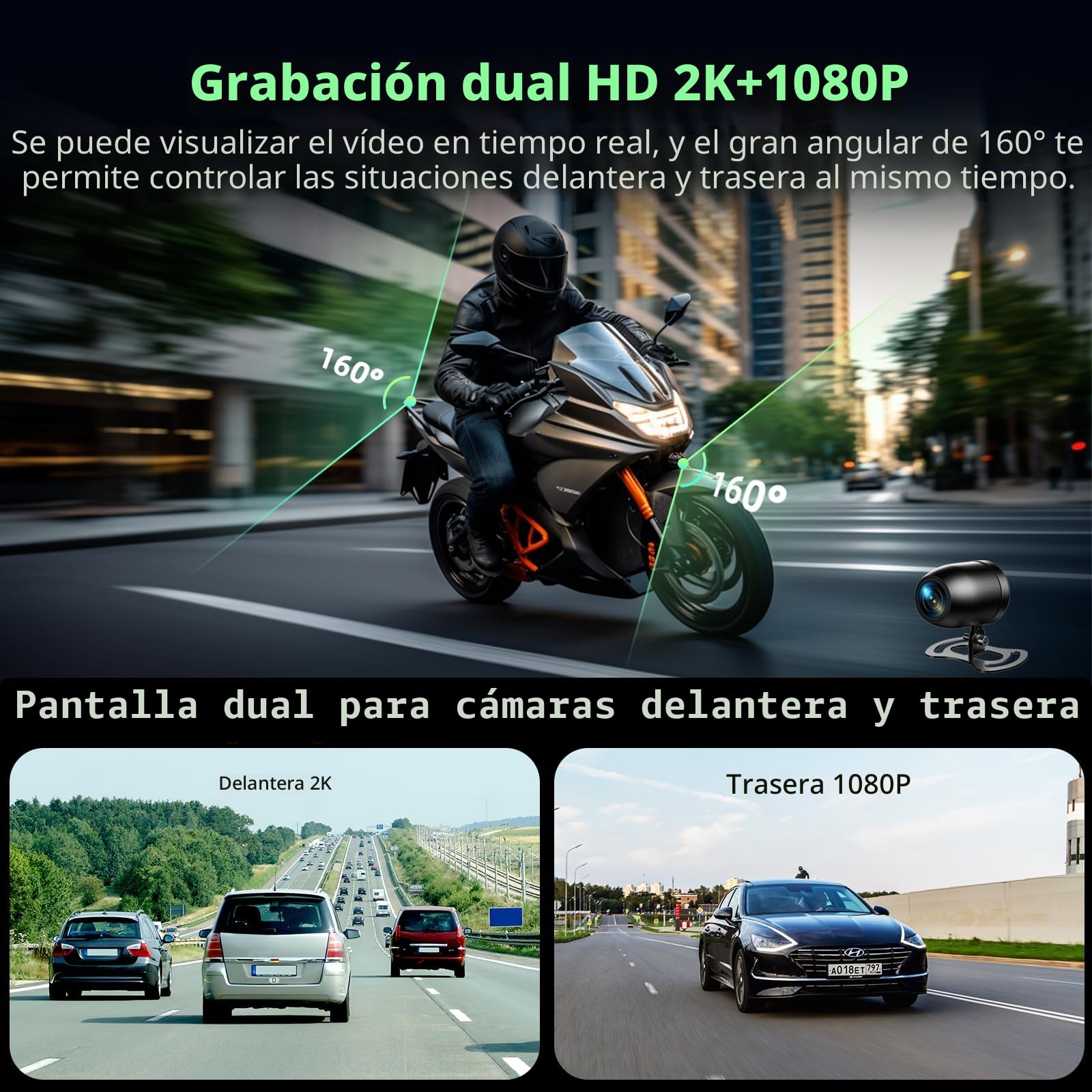 Volam Carplay Android Auto para Moto, Pantalla para Moto 2K+1080P dashcam Delantero Trasero, Carplay Inalambrico para Motos con 5,5 Pulgadas Pantalla Táctil, Navegación GPS, Siri/G00gle, App, TF 64GB