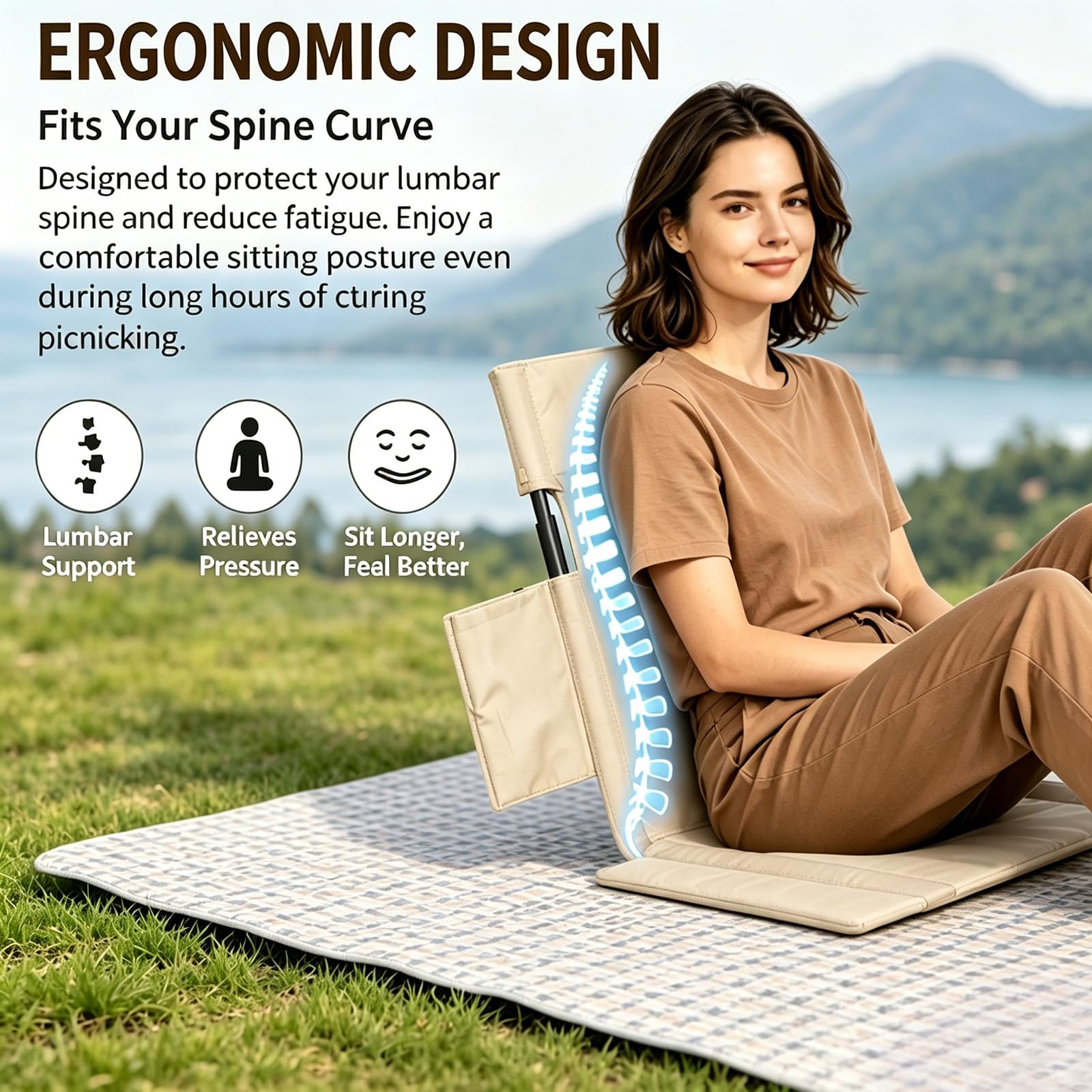 FARYODI Silla plegable de playa con cojín y respaldo, 40 x 39 cm, silla de camping portátil, silla de playa, silla de suelo, cojín tribünenkissen, para picnic, jardín, senderismo (caqui)