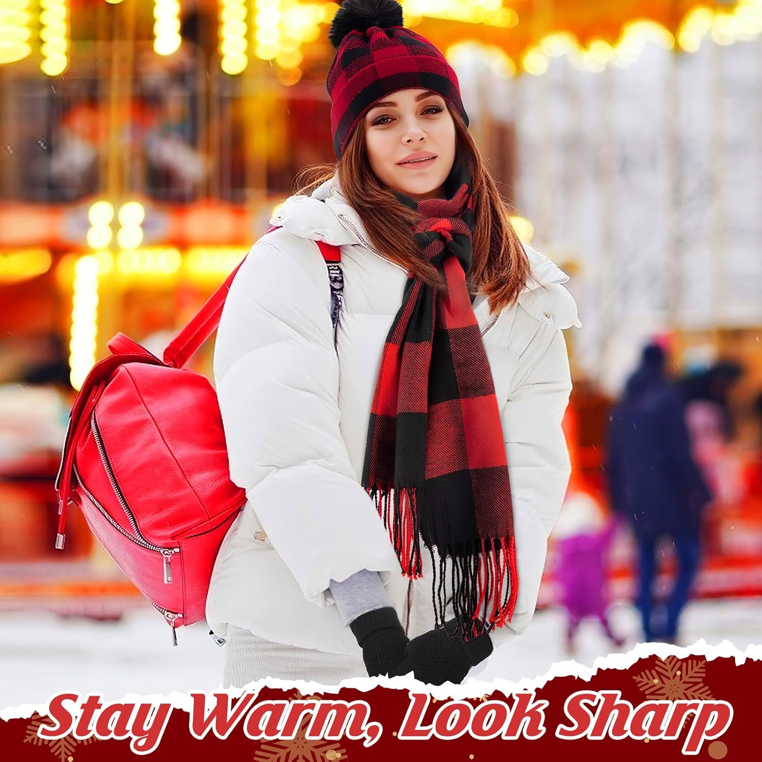 Cosweet Scarf and Gloves Set - Winter Knitted Warm Set, Plaid Scarf Winter Gloves Knitted Hat with Pompom Flurry Ball for Women Men Outdoor Sports Running Skiing Cycling Yoga Christmas Gift - Image 3