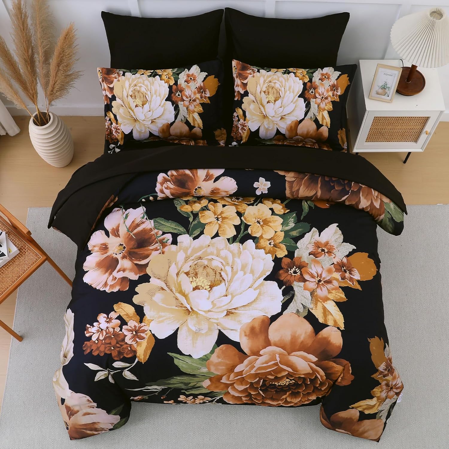 Dintszyayue Floral Comforter Set King Size,7 Pieces Black and Yellow Flower Bed in a Bag Soft Microfiber Bed Set with Sheet Set for All Season - Image 3