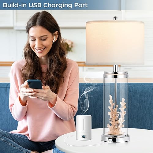 Miniatura 2 de QiMH Juego de 2 lámparas de mesa, moderna lámpara de noche con puertos USB, lámpara de mesita de noche con pantalla de tela blanca, lámpara de mesa