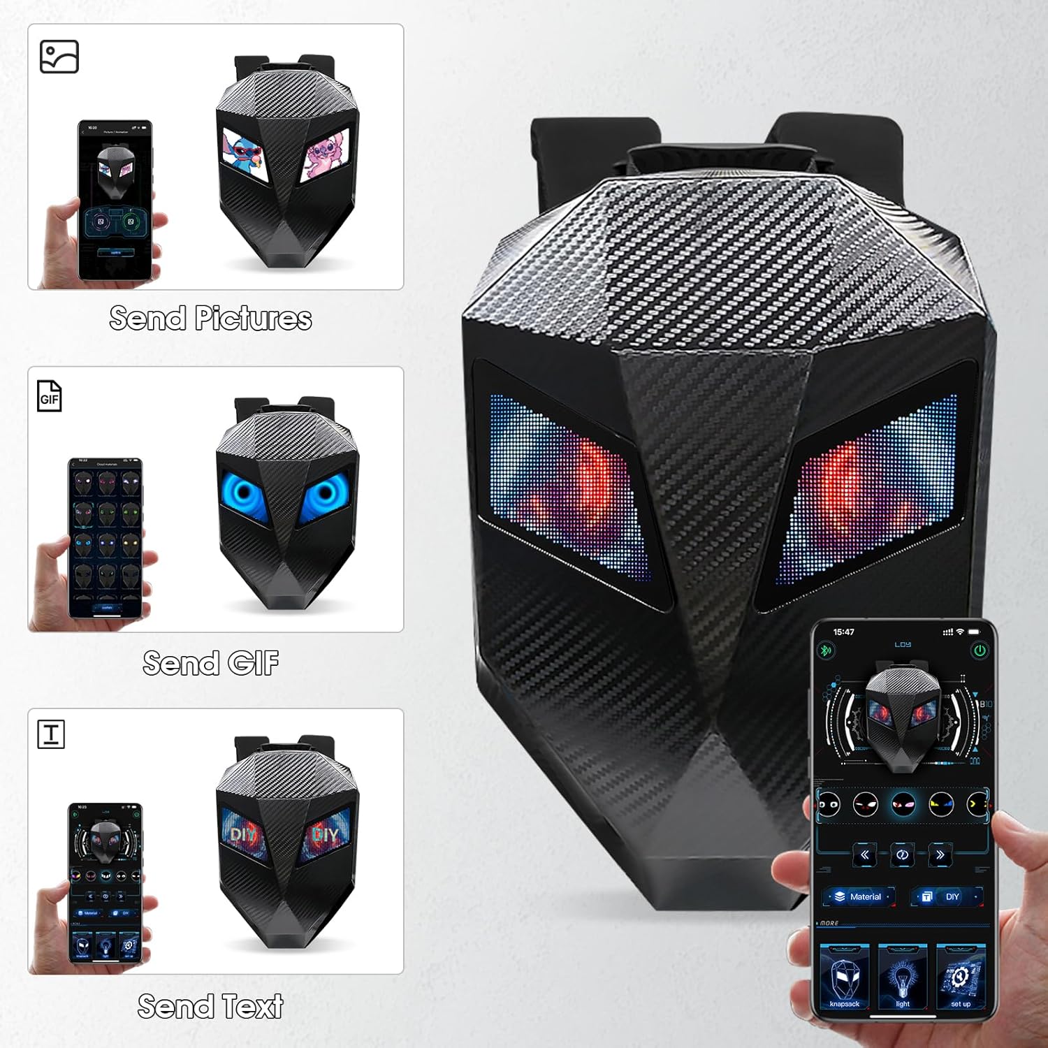 Carbon Fiber Motorcycle LED Knight Backpack with Full-color screen, Laptop Backpack, DIY programming Backpack, Riding Backpack for Store Helmet, Waterproof Luggage Bag for Travelling Camping